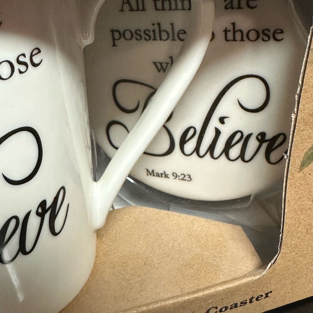 Christian Bible Verse Mug & Coaster Set Mark 9:23 “Believe” Gift 10 oz - Picture 5 of 8